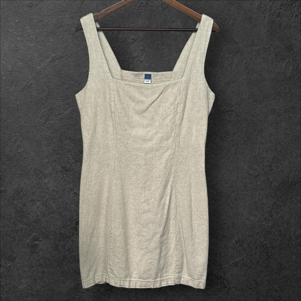 Old Navy Womens Linen Blend Smocked Back Square Neck Mini Dress Oatmeal Beige L